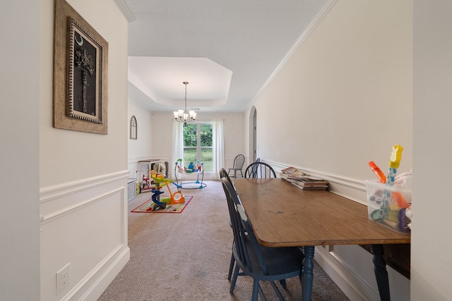 167 NW Old Plantation Trl, Milledgeville, GA 31061 - carpeted dining area with a chandelier, a tray ceiling, and wainscoting