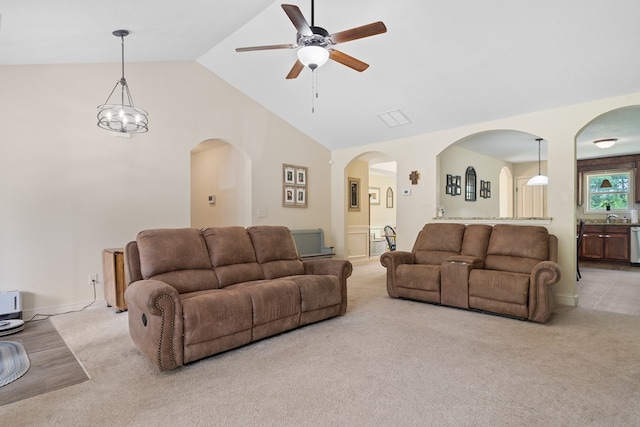 167 NW Old Plantation Trl, Milledgeville, GA 31061 - living area featuring carpet flooring, a ceiling fan, arched walkways, and high vaulted ceiling