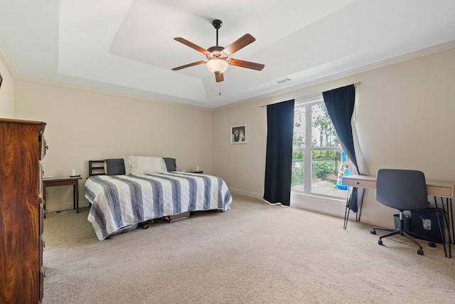 167 NW Old Plantation Trl, Milledgeville, GA 31061 - bedroom featuring a raised ceiling, carpet floors, crown molding, and a ceiling fan