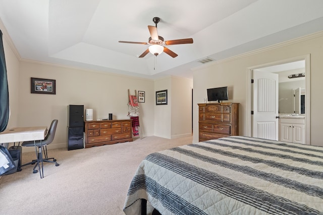 167 NW Old Plantation Trl, Milledgeville, GA 31061 - bedroom featuring a raised ceiling, carpet flooring, ornamental molding, a desk, and ceiling fan