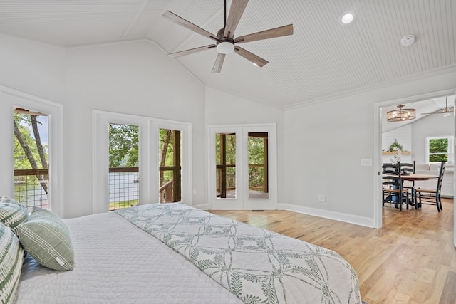 bedroom featuring french doors, light hardwood / wood-style floors, high vaulted ceiling, access to outside, and ceiling fan