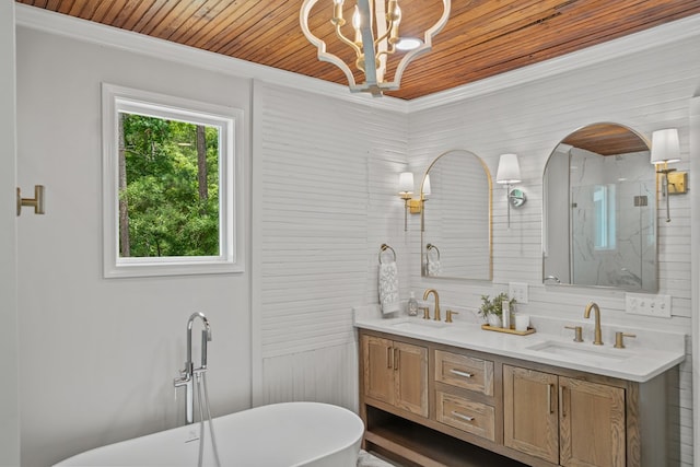 bathroom with vanity, a bathing tub, a chandelier, and wooden ceiling