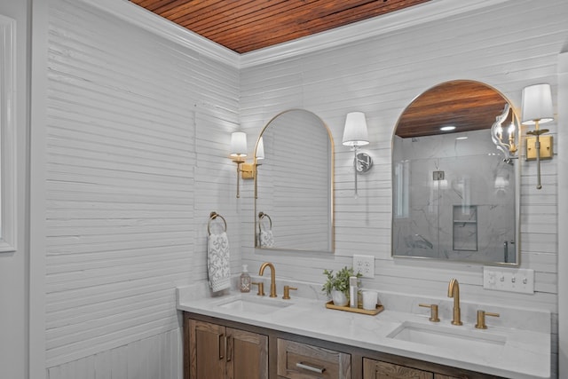 bathroom with walk in shower, vanity, and wooden ceiling