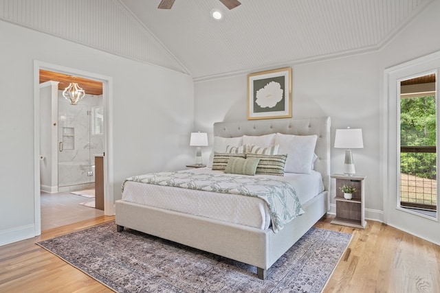 bedroom with ceiling fan, lofted ceiling, access to outside, light wood-type flooring, and connected bathroom