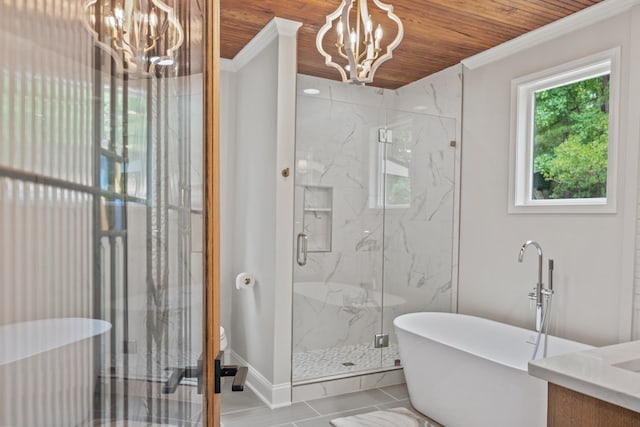 bathroom featuring plus walk in shower, crown molding, a chandelier, and wooden ceiling