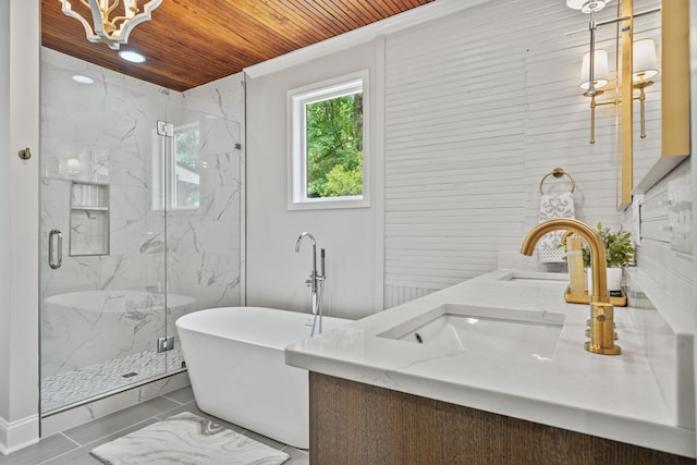 bathroom with wood ceiling, tile patterned floors, vanity, shower with separate bathtub, and ornamental molding