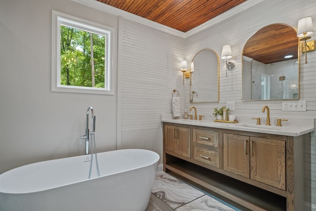 291 Power Point Rd, Milledgeville, GA 31061 - bathroom with double vanity, a freestanding bath, ornamental molding, wooden ceiling, and a shower with door