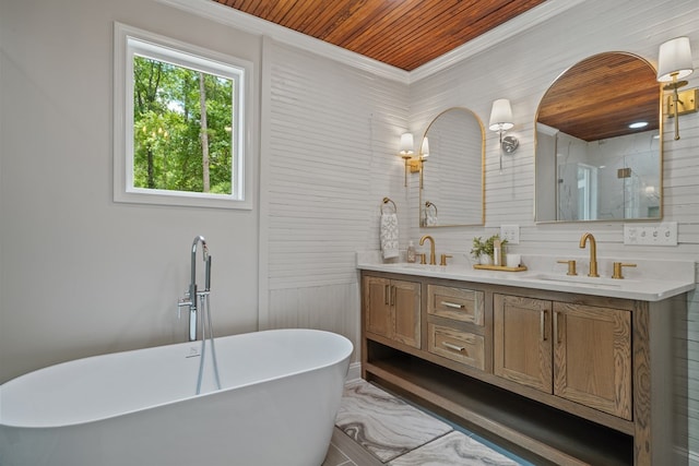 bathroom featuring wooden ceiling, crown molding, a bathtub, and vanity