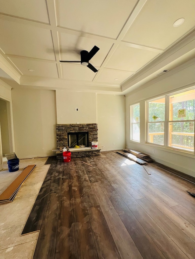 280 Greystone Dr, Milledgeville, GA 31061 - unfurnished living room featuring ceiling fan, visible vents, a fireplace, coffered ceiling, and hardwood / wood-style floors