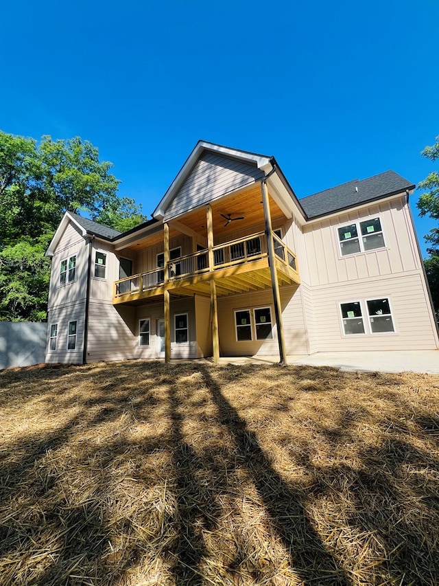 280 Greystone Dr, Milledgeville, GA 31061 - rear view of property featuring board and batten siding, ceiling fan, and a balcony
