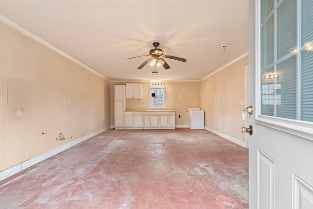 110 Westminster Dr, Eatonton, GA 31024 - unfurnished living room with baseboards, ceiling fan, concrete flooring, and ornamental molding