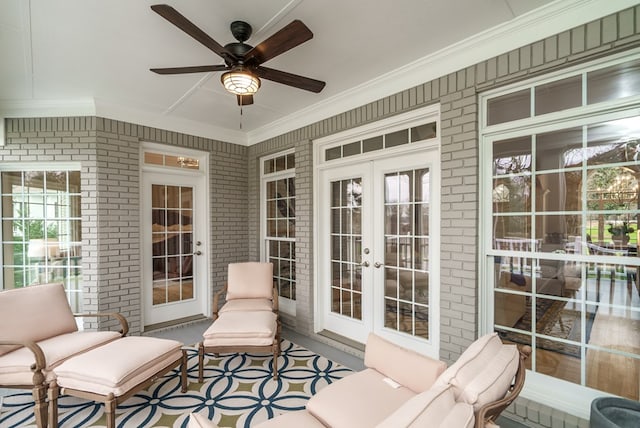 exterior space featuring ceiling fan and french doors