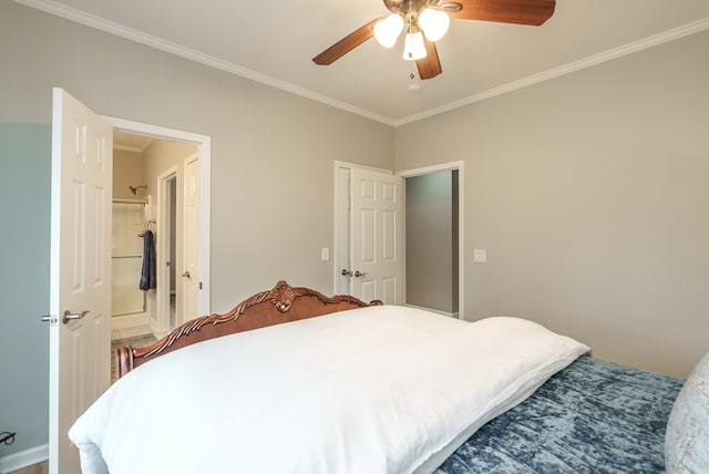 bedroom with ceiling fan and crown molding