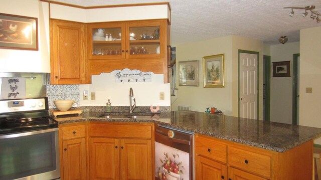 131 NE Carriage Ct, Milledgeville, GA 31061 - kitchen featuring stainless steel range with electric stovetop, a sink, a peninsula, a textured ceiling, and brown cabinets
