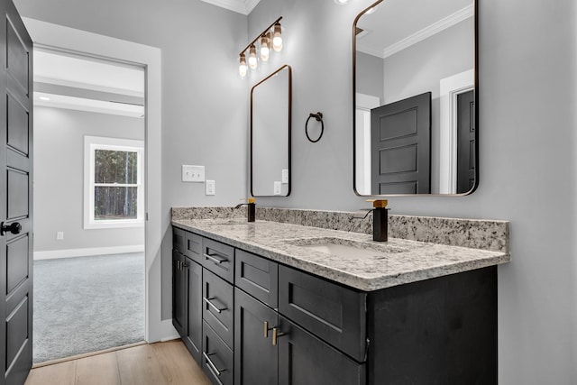 bathroom with vanity, hardwood / wood-style flooring, and crown molding