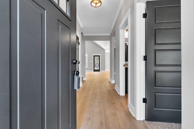 hallway with light hardwood / wood-style floors and ornamental molding