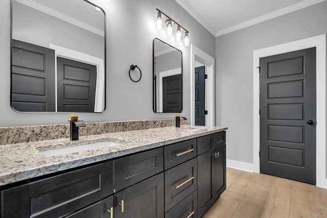 bathroom featuring vanity, wood-type flooring, and ornamental molding