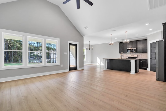 unfurnished living room featuring ceiling fan with notable chandelier, light hardwood / wood-style floors, sink, and high vaulted ceiling