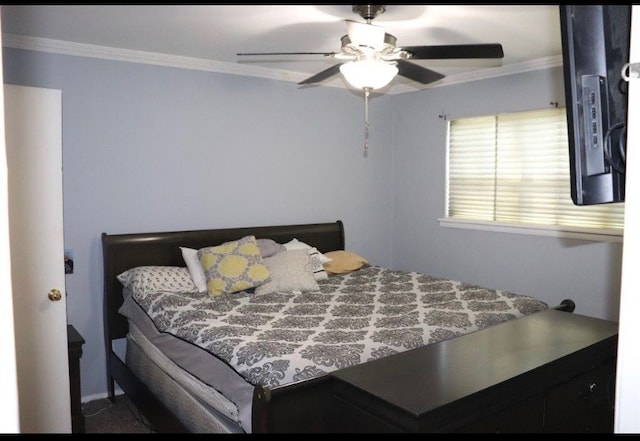 bedroom with ceiling fan and ornamental molding