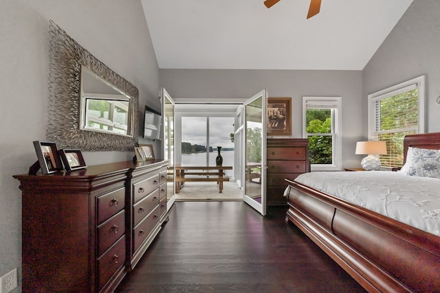 202 Jackson Rd, Milledgeville, GA 31061 - bedroom featuring lofted ceiling, dark wood-style flooring, access to exterior, and a ceiling fan