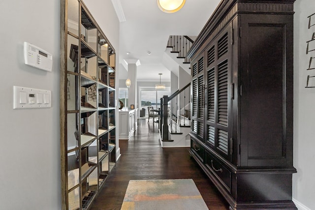 202 Jackson Rd, Milledgeville, GA 31061 - foyer entrance with ornamental molding, dark wood finished floors, and stairway