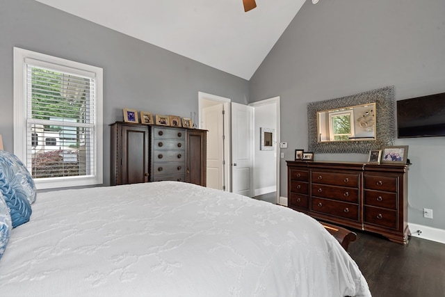 202 Jackson Rd, Milledgeville, GA 31061 - bedroom featuring wood finished floors, high vaulted ceiling, and ceiling fan