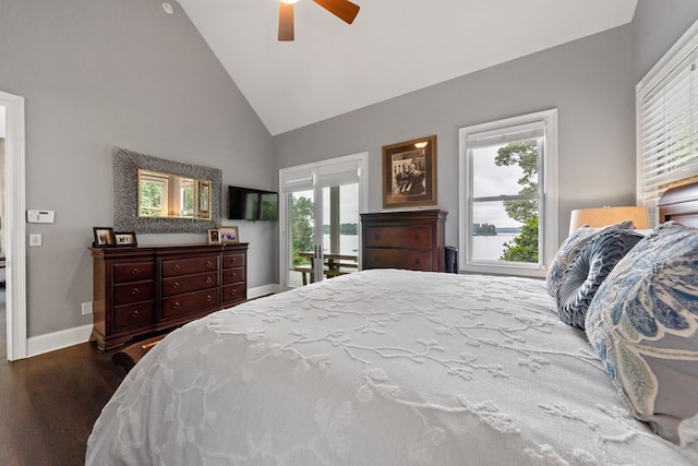202 Jackson Rd, Milledgeville, GA 31061 - bedroom featuring wood finished floors, high vaulted ceiling, ceiling fan, and access to outside