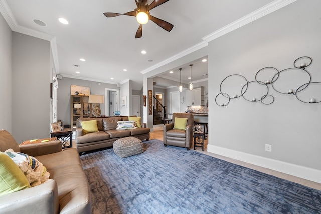 202 Jackson Rd, Milledgeville, GA 31061 - living area with stairs, a ceiling fan, recessed lighting, and crown molding