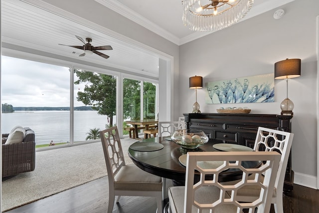 202 Jackson Rd, Milledgeville, GA 31061 - dining area featuring wood finished floors, a water view, ceiling fan, and crown molding