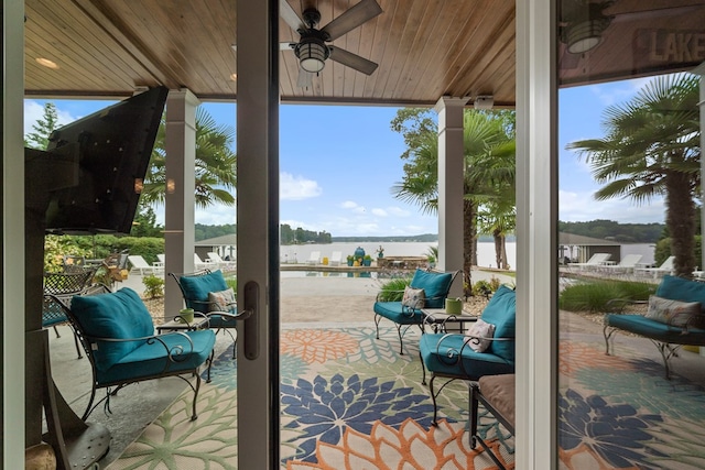 202 Jackson Rd, Milledgeville, GA 31061 - view of patio / terrace featuring a water view and a ceiling fan