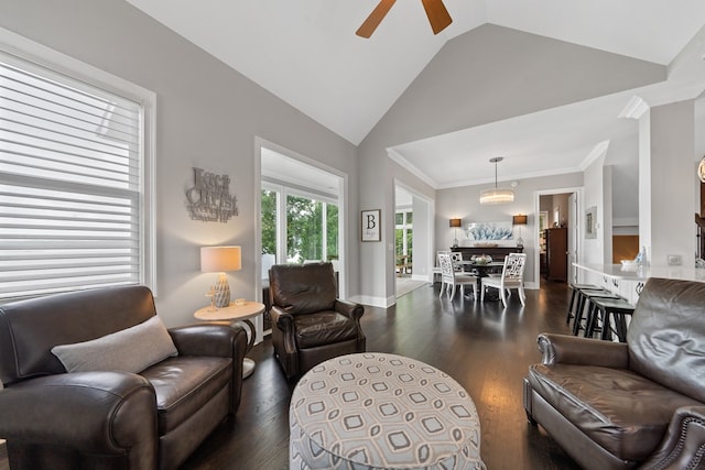 202 Jackson Rd, Milledgeville, GA 31061 - living area with vaulted ceiling, a ceiling fan, dark wood-style flooring, a chandelier, and crown molding