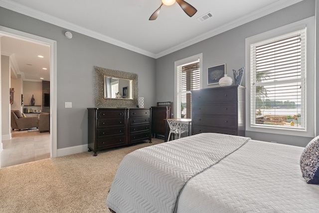 202 Jackson Rd, Milledgeville, GA 31061 - bedroom with crown molding, light colored carpet, ceiling fan, and recessed lighting