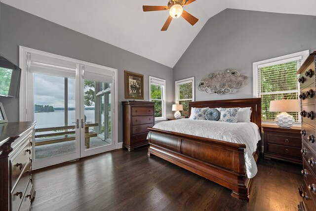 202 Jackson Rd, Milledgeville, GA 31061 - bedroom featuring access to outside, french doors, dark wood-type flooring, high vaulted ceiling, and a ceiling fan