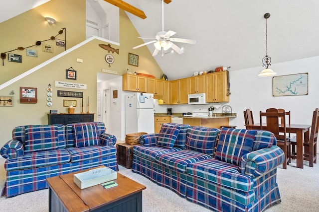 living room with ceiling fan, high vaulted ceiling, and light colored carpet