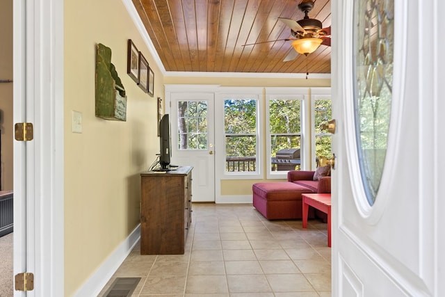 sunroom / solarium featuring ceiling fan and wooden ceiling