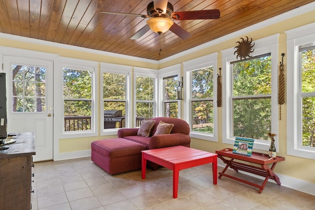 sunroom / solarium featuring a wealth of natural light, wooden ceiling, and ceiling fan