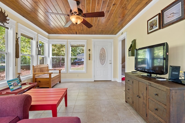 sunroom with ceiling fan and wood ceiling