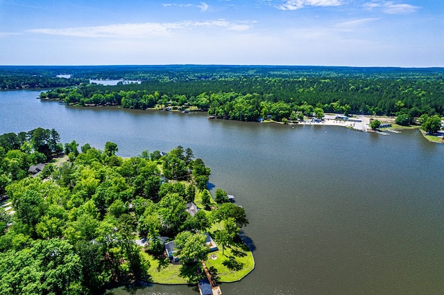 drone / aerial view of a heavily wooded area and a nearby body of water