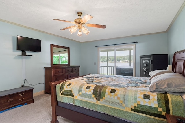 bedroom with access to outside, multiple windows, light colored carpet, ornamental molding, and a water view