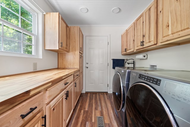 clothes washing area featuring washer and dryer, dark wood finished floors, and cabinet space