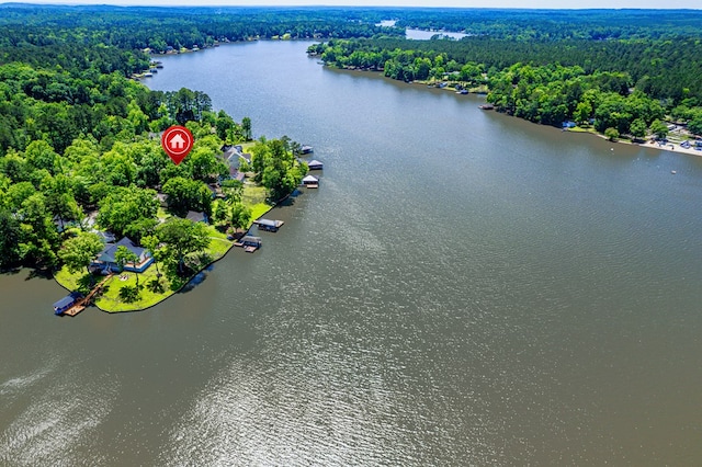 drone / aerial view of a heavily wooded area and a nearby body of water