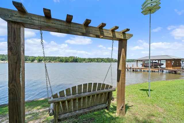 dock with a water view and boat lift