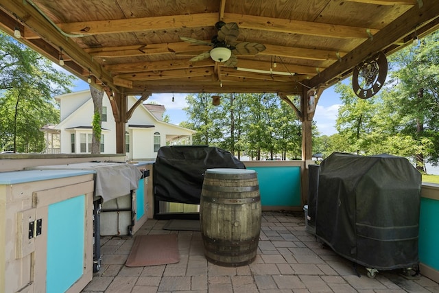 view of patio featuring a grill and a ceiling fan