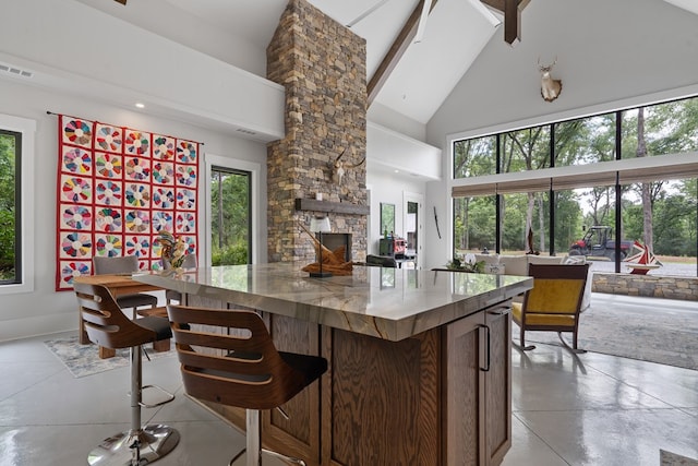 2163 N Jefferson St, Milledgeville, GA 31061 - kitchen with high vaulted ceiling, concrete flooring, a stone fireplace, open floor plan, and a kitchen island