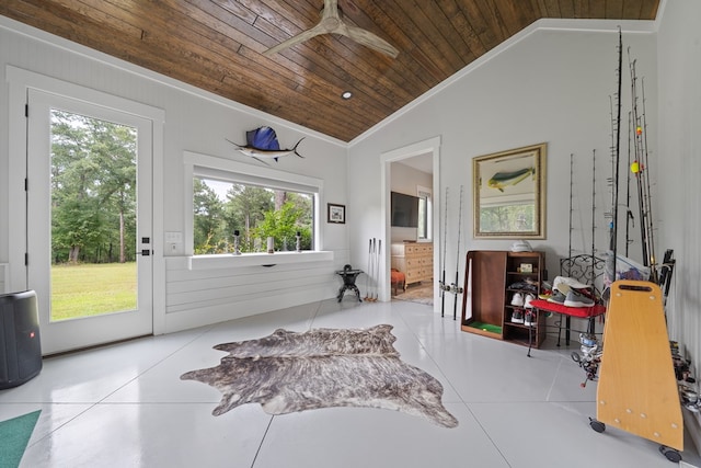2163 N Jefferson St, Milledgeville, GA 31061 - living area with wooden ceiling, lofted ceiling, healthy amount of natural light, ceiling fan, and crown molding