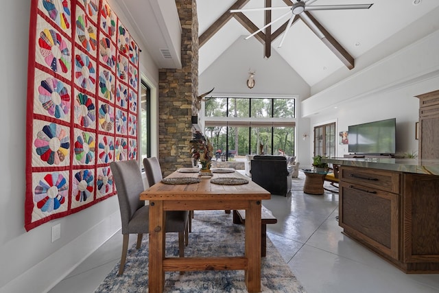 2163 N Jefferson St, Milledgeville, GA 31061 - dining space featuring high vaulted ceiling, beam ceiling, and ceiling fan