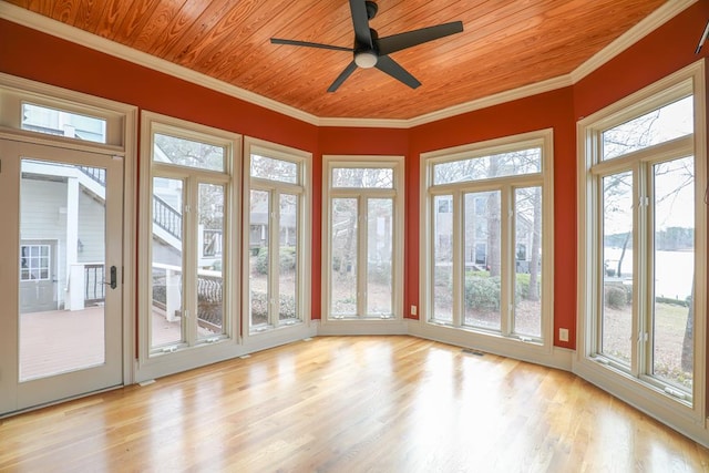 unfurnished sunroom featuring visible vents, wooden ceiling, crown molding, and wood finished floors
