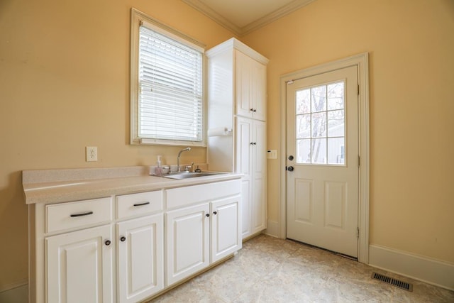 doorway to outside with crown molding, baseboards, visible vents, and a sink