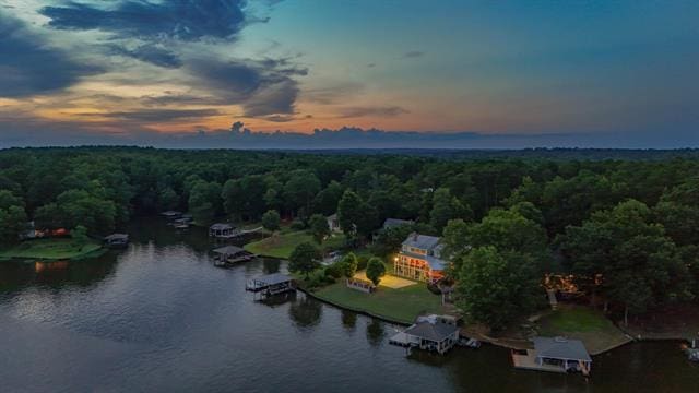 birds eye view of property with a forest view and a water view