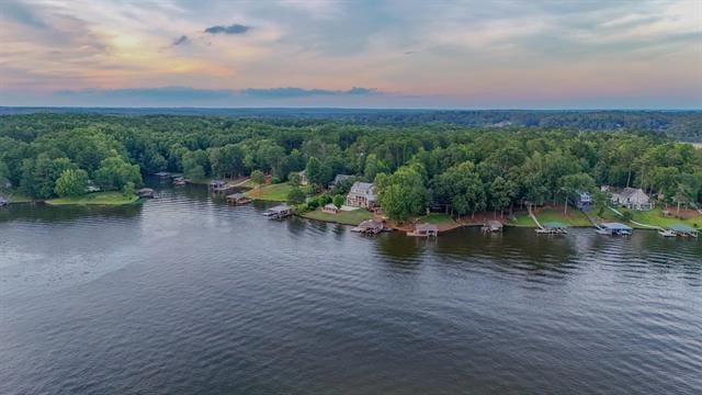 aerial view at dusk with a wooded view and a water view